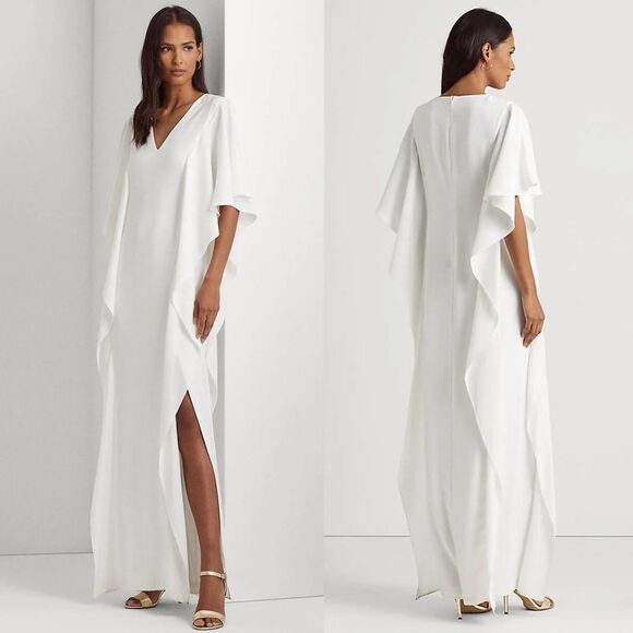 Lauren Ralph Lauren Georgette Caftan Gown, Maxi Dress in White, NWT, Size 4 - Picture 2 of 9